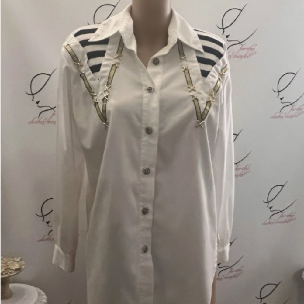 Jon Pierre. Size XL. White Nautical Long Sleeve Shirt. Embellished. B120